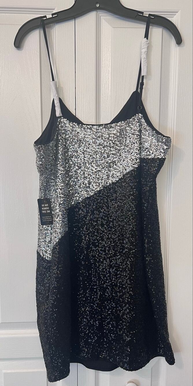 Express Women's Sequin Mini Slip Holiday Cocktail Dress V-Neck Black Silver L